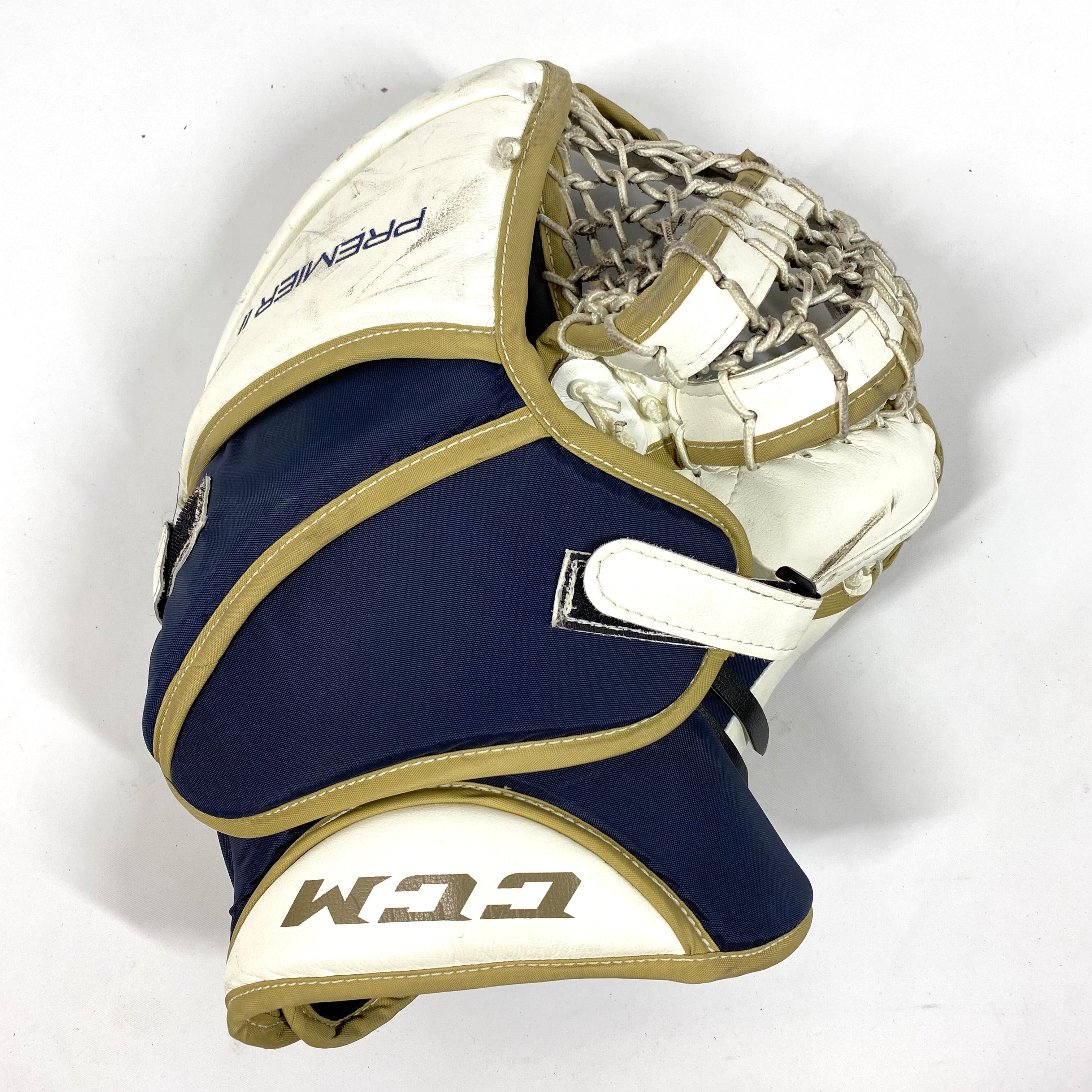 CCM Premier II - Gant de gardien de but Pro Stock d'occasion (blanc/or/bleu marine)